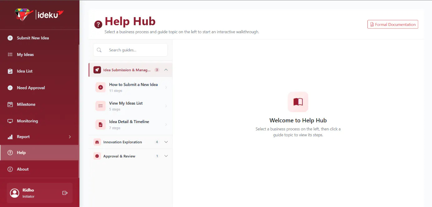 IdeKU V3 Help Hub page with guide categories for idea submission, innovation exploration, and approval review
