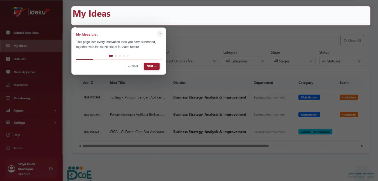 IdeKU V3 Guided Tour active on My Ideas page with contextual tooltip