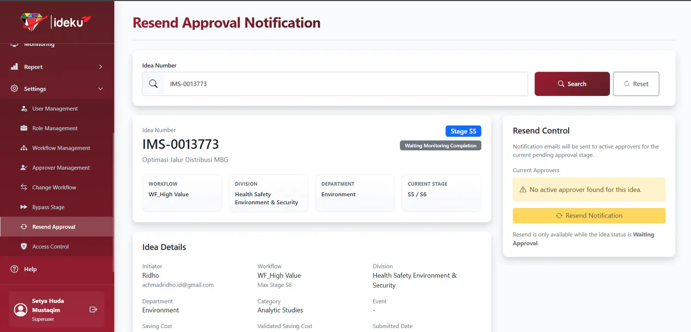 IdeKU V3 Resend Approval Notification page