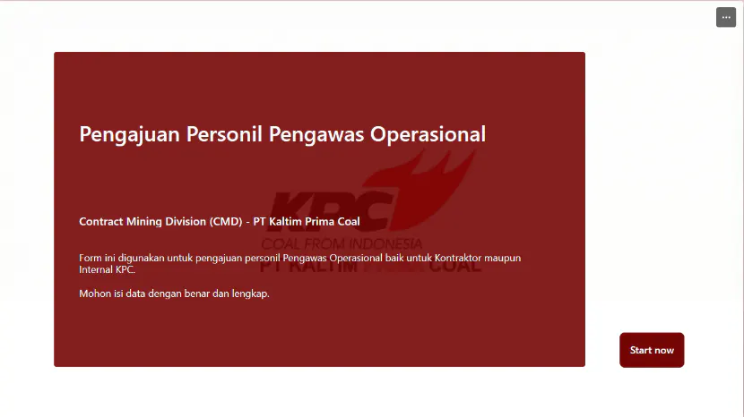 Microsoft Forms page for Pengajuan Personil Pengawas Operasional at PT Kaltim Prima Coal