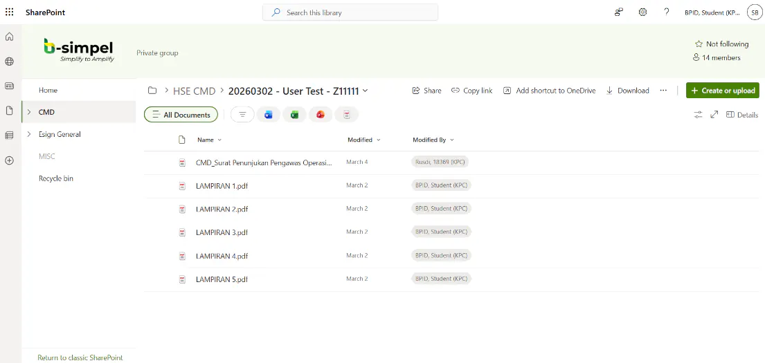 B-Simpel SharePoint portal showing distributed operational supervisor appointment document and five attachments