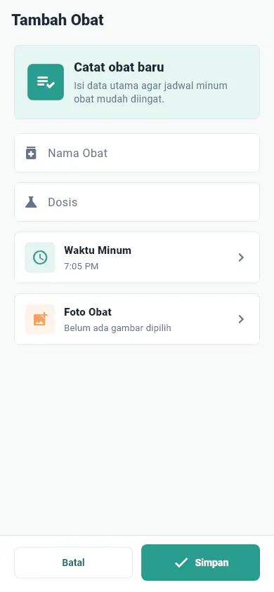 MediMate add medicine form with name, dosage, time, image, cancel, and save controls