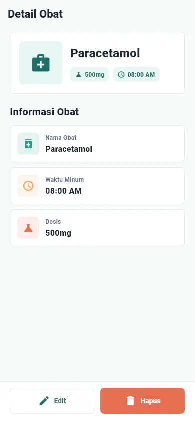 MediMate medicine detail screen showing selected medicine information and actions