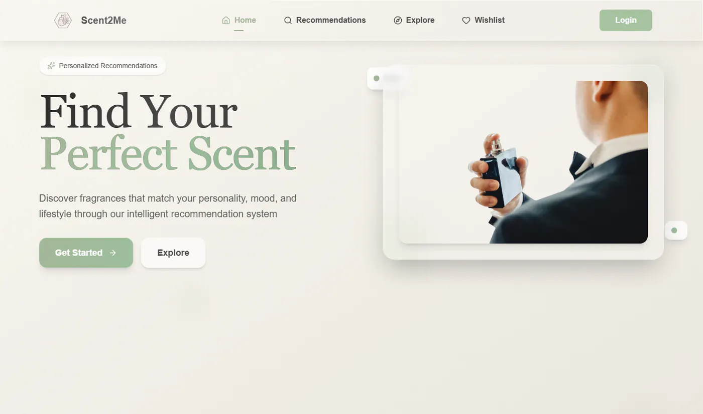 Scent2Me homepage showing the perfume recommendation platform hero and navigation