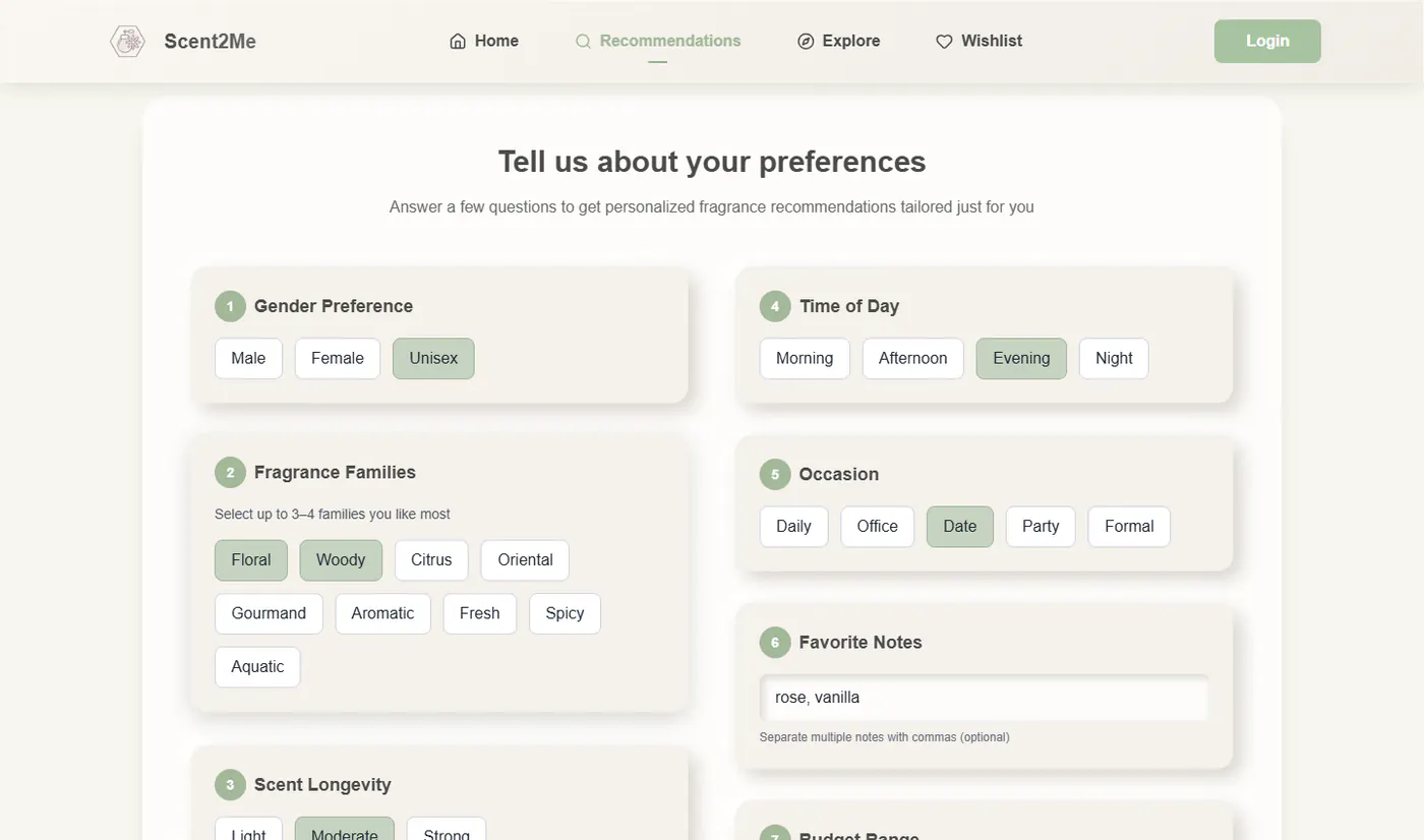 Scent2Me recommendation form with gender, fragrance family, time of day, occasion, favorite notes, and budget fields